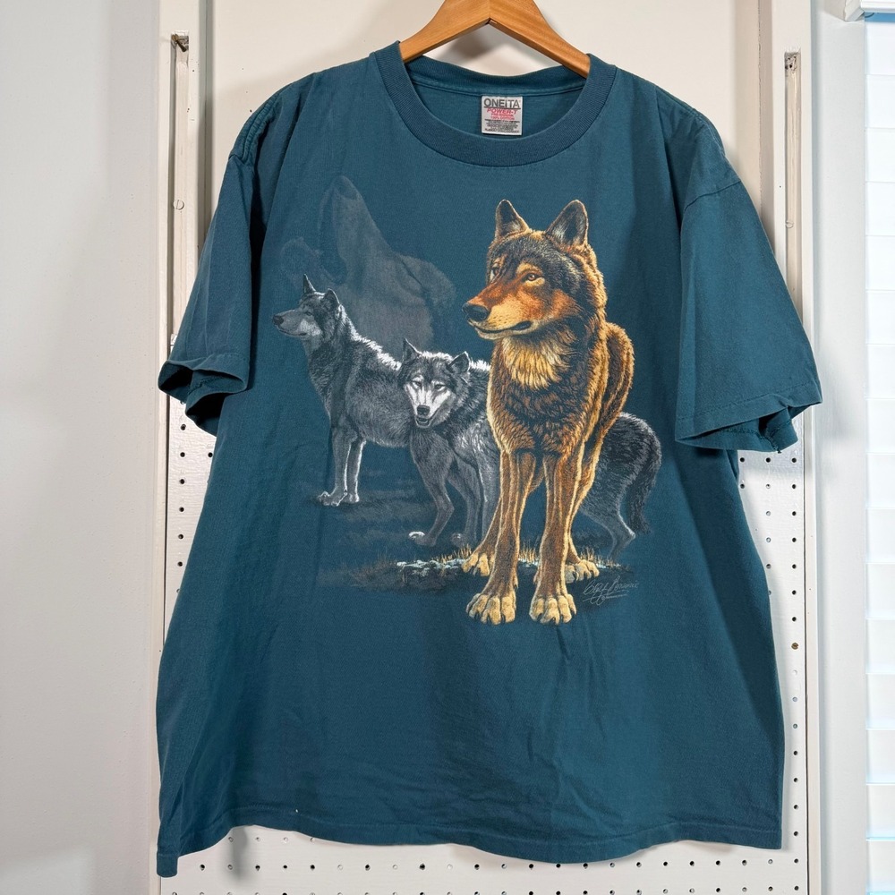 Vintage Oneita Wolves Wilderness Lodge T-Shirt Men's Teal Blue Graphic - XL 90s